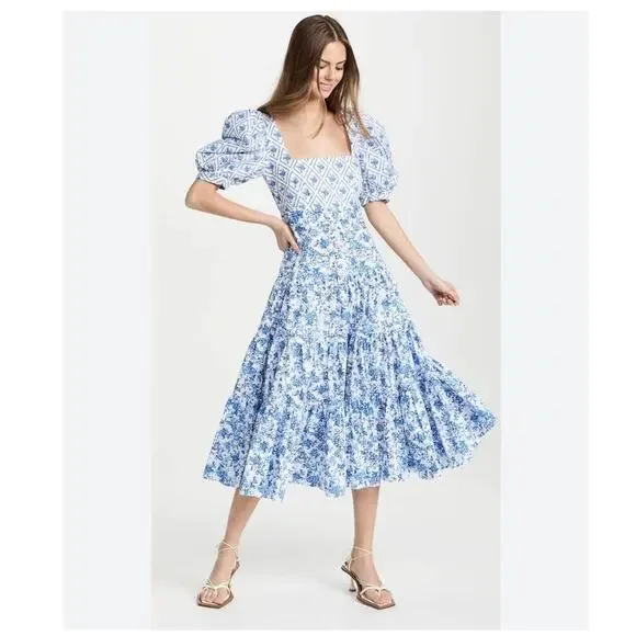 Caroline Constas | Dresses | Caroline Constas Nwt Cottagecore Blue Diamond  Toile Tessa Coquette Dress | Poshmark
